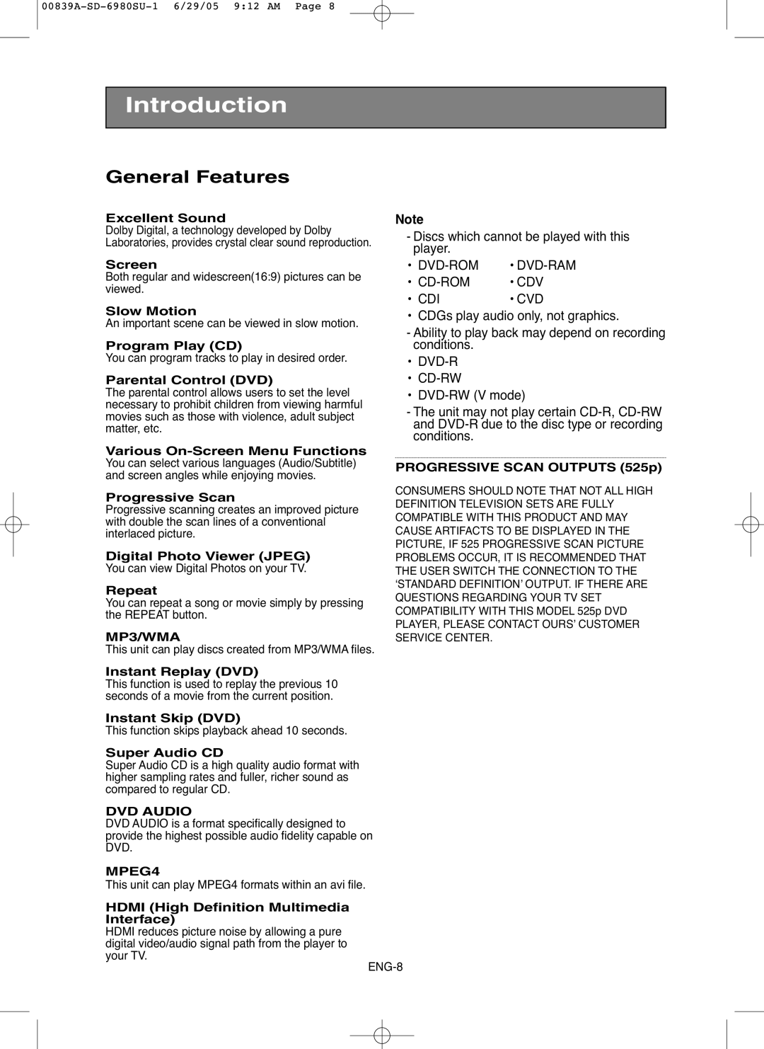 Toshiba SD-6980SU owner manual General Features 