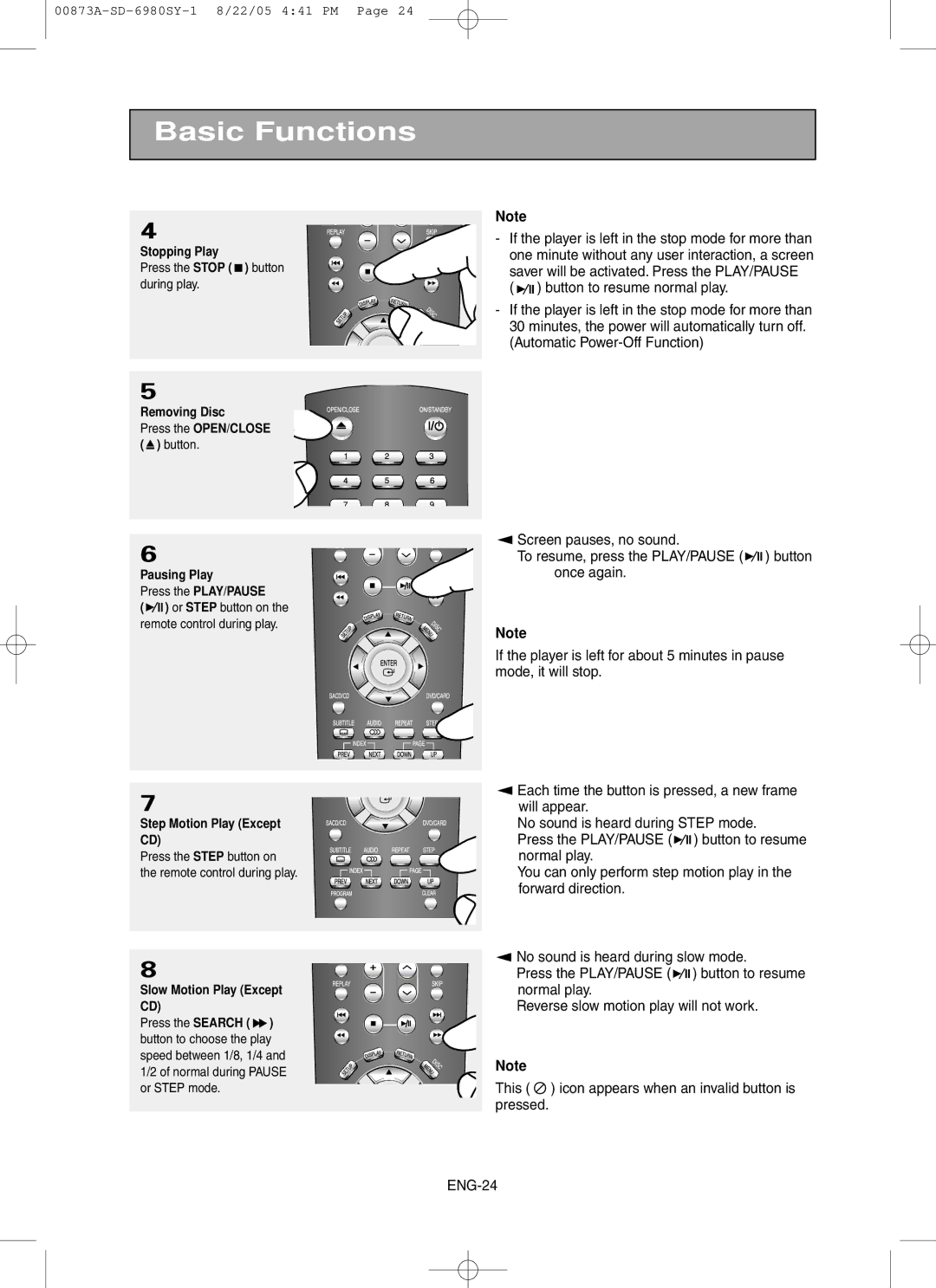 Toshiba SD-6980SY manual Stopping Play, Removing Disc, Pausing Play, Step Motion Play Except CD 