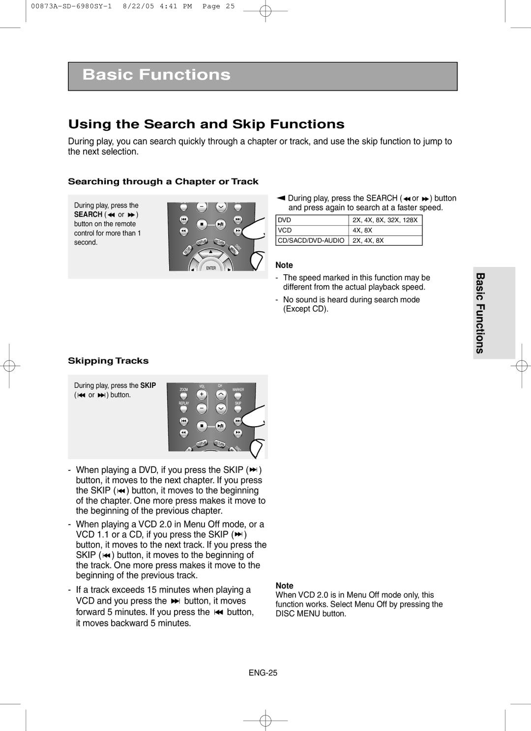 Toshiba SD-6980SY manual Using the Search and Skip Functions, Searching through a Chapter or Track, Skipping Tracks 