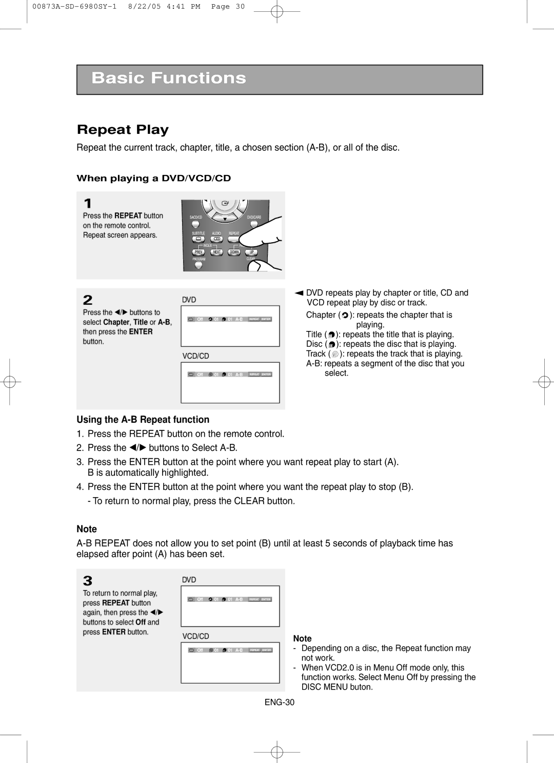 Toshiba SD-6980SY manual Repeat Play, When playing a DVD/VCD/CD 