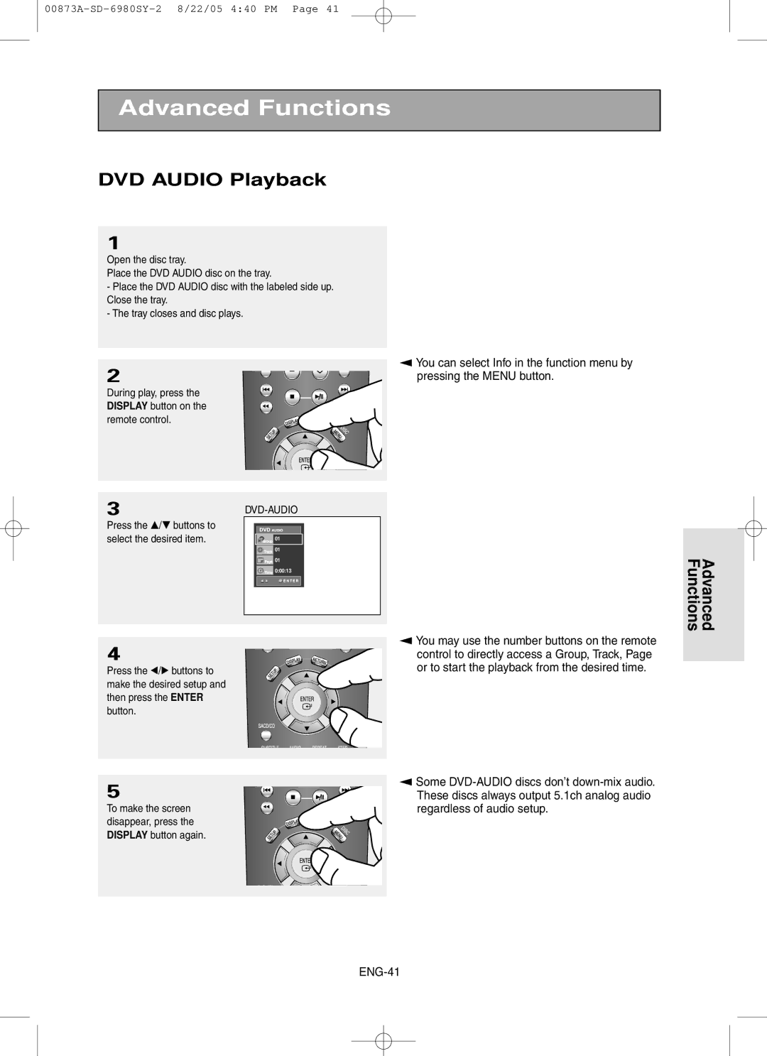 Toshiba SD-6980SY manual DVD Audio Playback, Dvd-Audio 