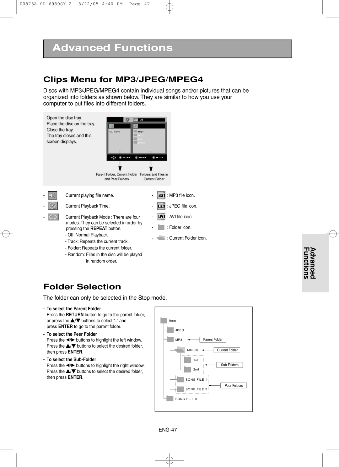 Toshiba SD-6980SY Clips Menu for MP3/JPEG/MPEG4, Folder Selection, To select the Parent Folder, To select the Peer Folder 