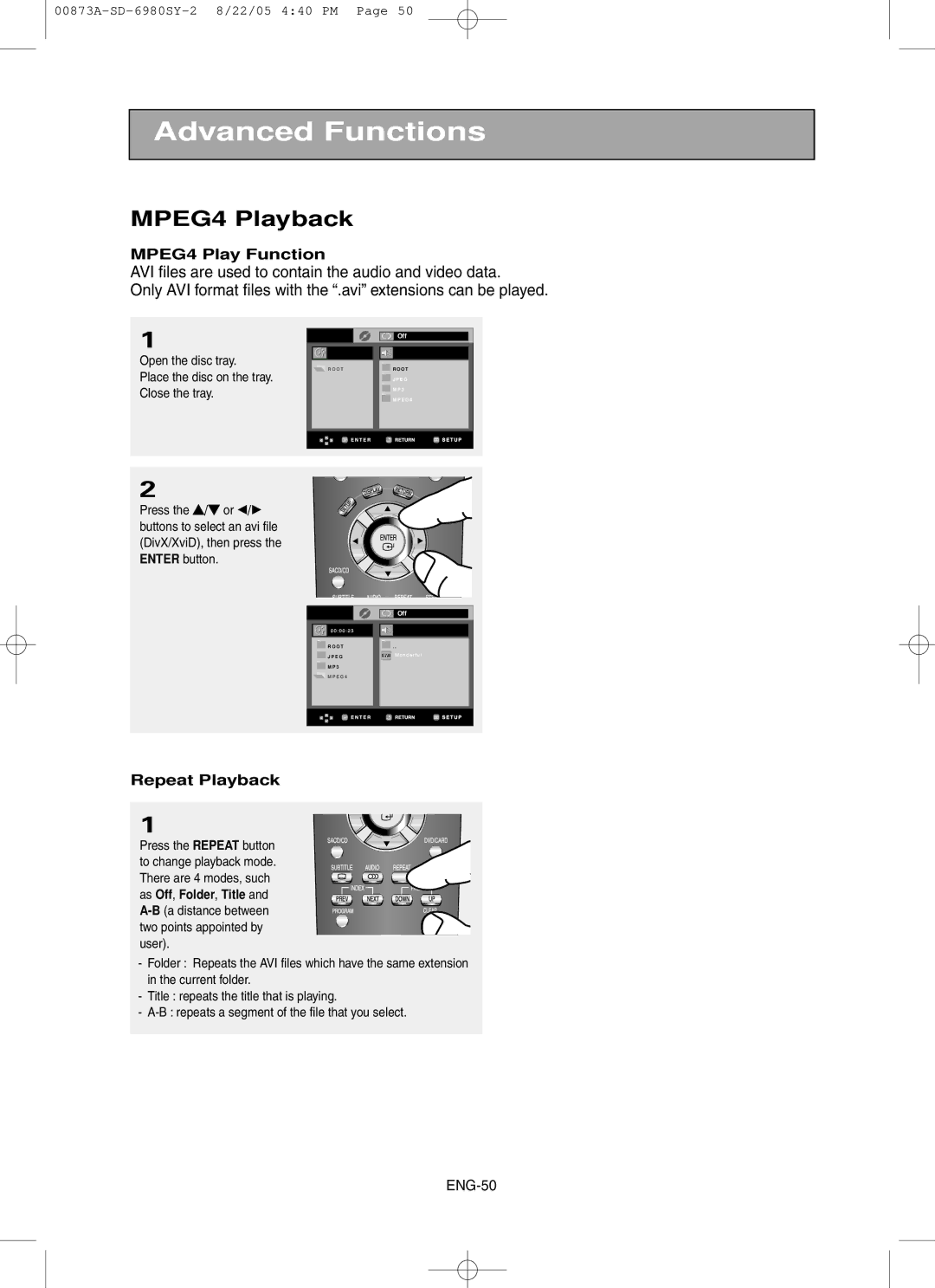 Toshiba SD-6980SY manual MPEG4 Playback, MPEG4 Play Function, Repeat Playback 