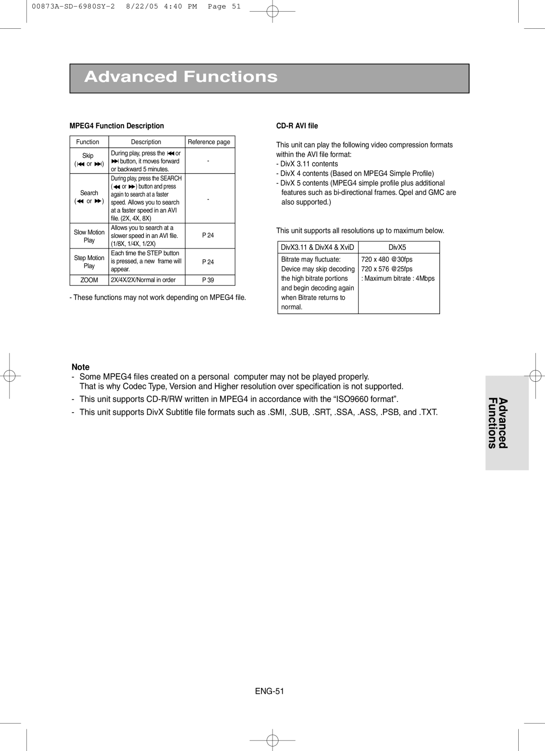 Toshiba SD-6980SY manual MPEG4 Function Description, CD-R AVI file 