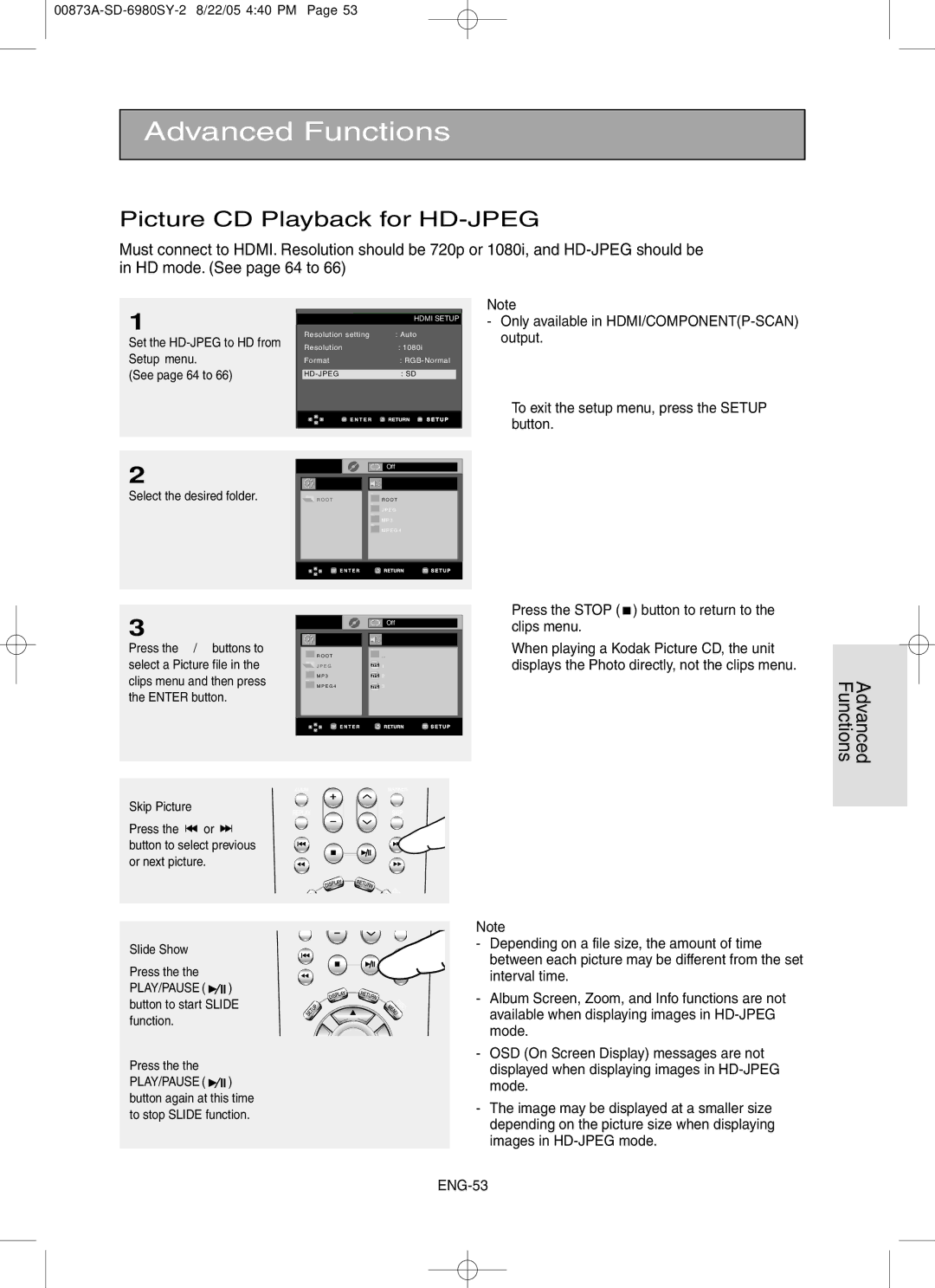 Toshiba SD-6980SY manual Picture CD Playback for HD-JPEG, Skip Picture 