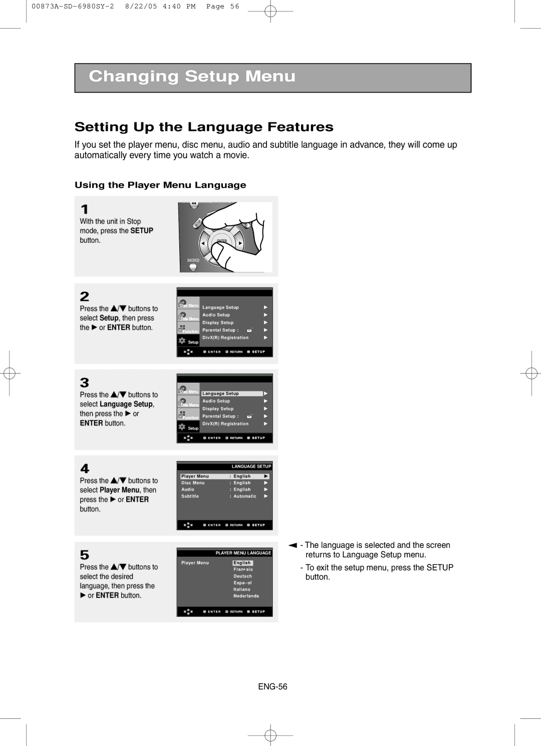 Toshiba SD-6980SY manual Setting Up the Language Features, Using the Player Menu Language 