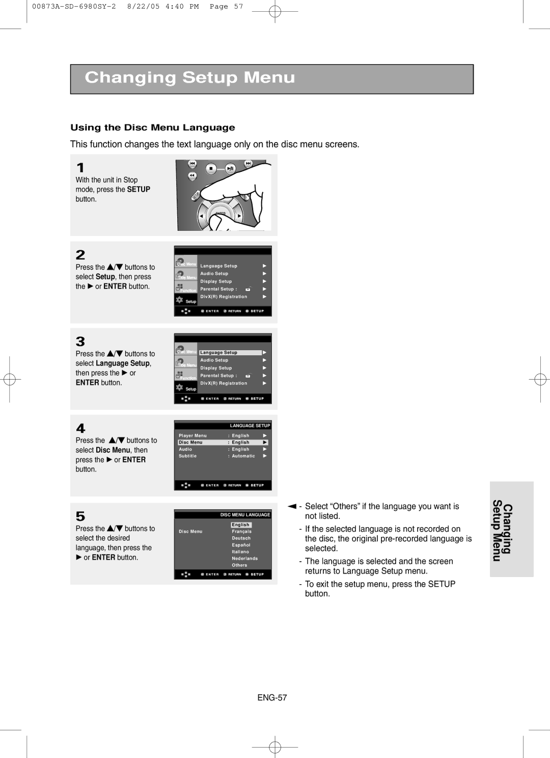 Toshiba SD-6980SY manual Using the Disc Menu Language 