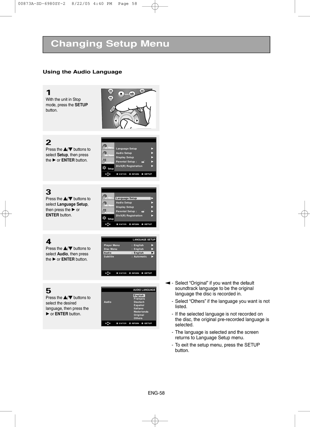 Toshiba SD-6980SY manual Using the Audio Language 