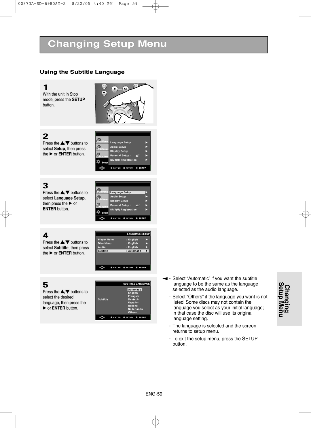 Toshiba SD-6980SY manual Using the Subtitle Language 