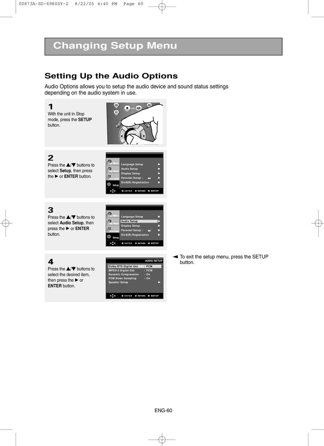 Toshiba SD-6980SY manual Setting Up the Audio Options 