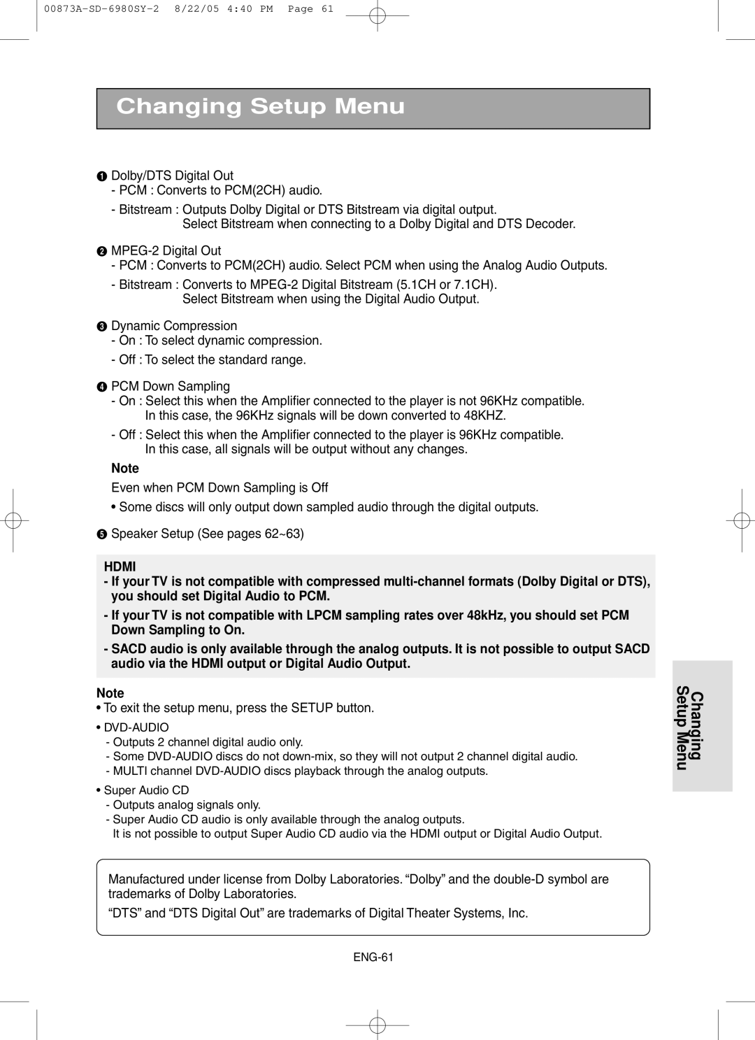 Toshiba SD-6980SY manual Hdmi 