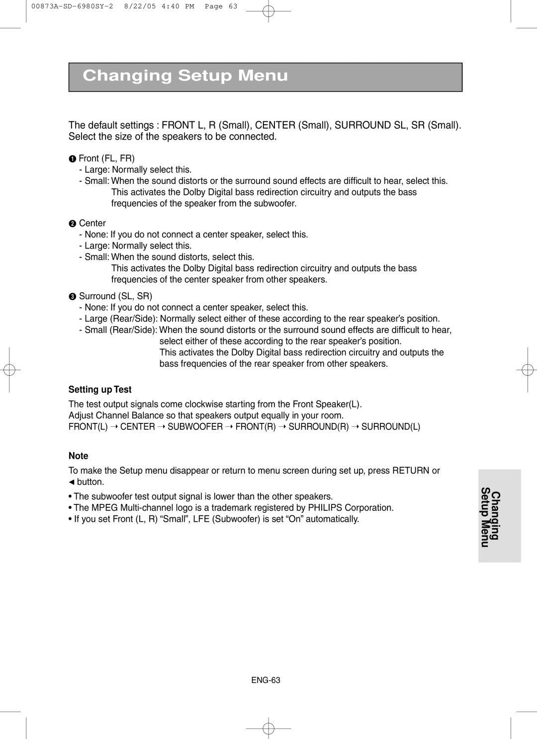 Toshiba SD-6980SY manual Setting up Test 