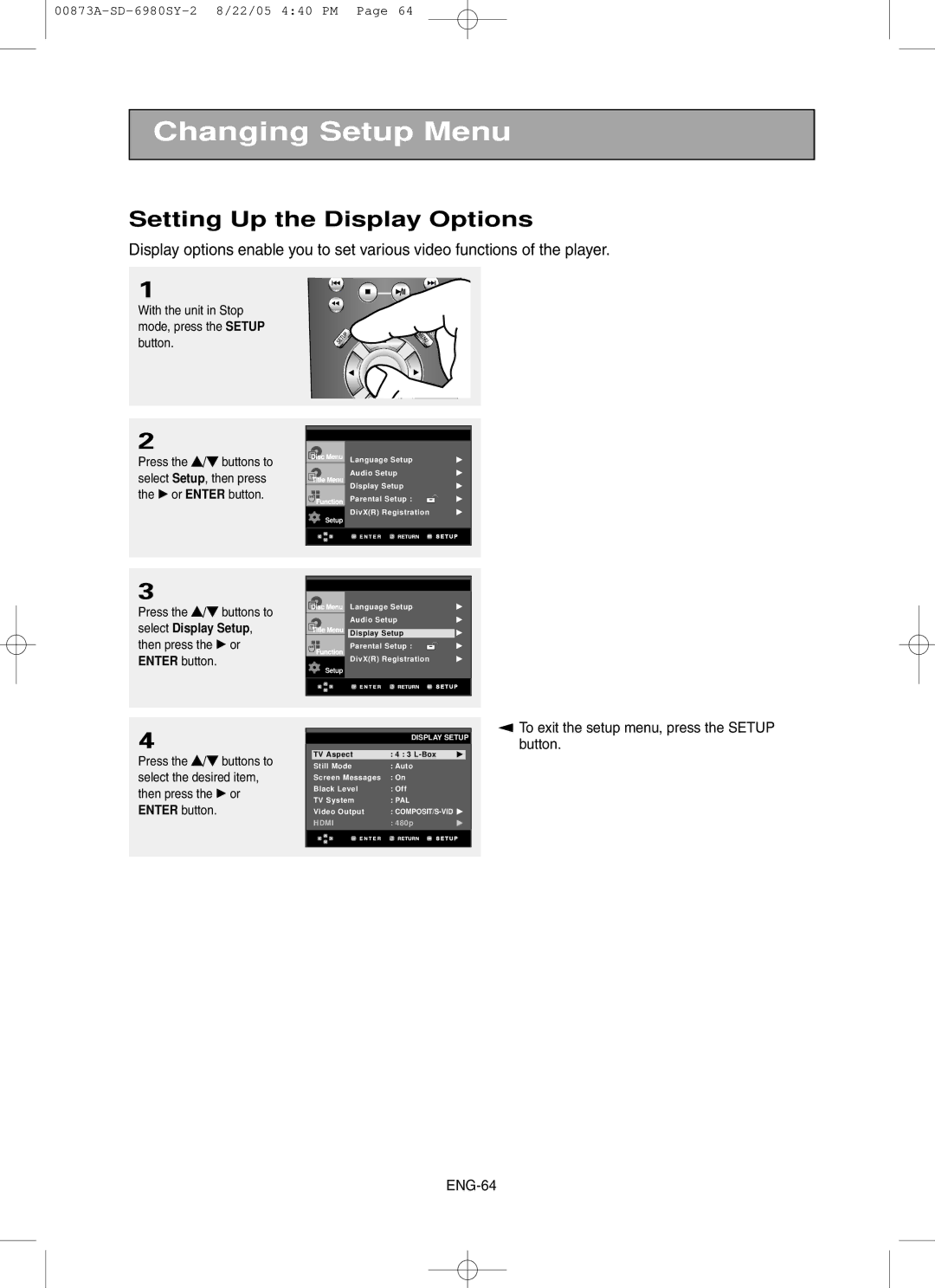 Toshiba SD-6980SY manual Setting Up the Display Options 