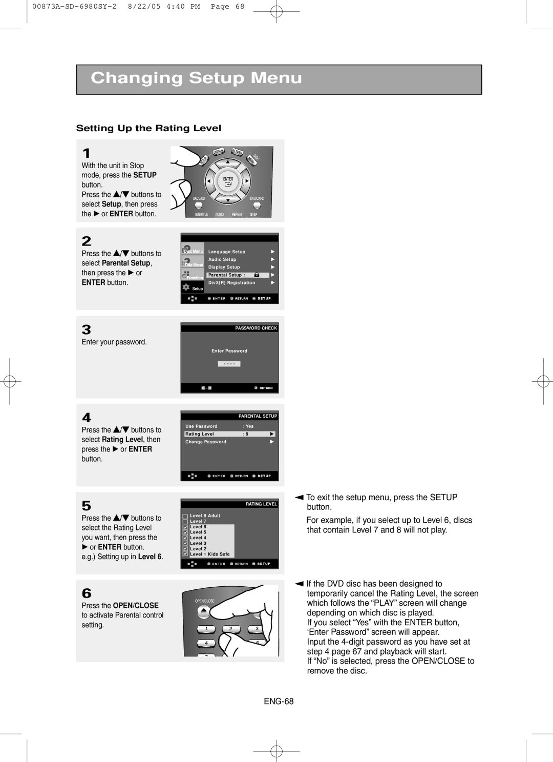 Toshiba SD-6980SY manual Setting Up the Rating Level, √ or Enter button Setting up in Level 