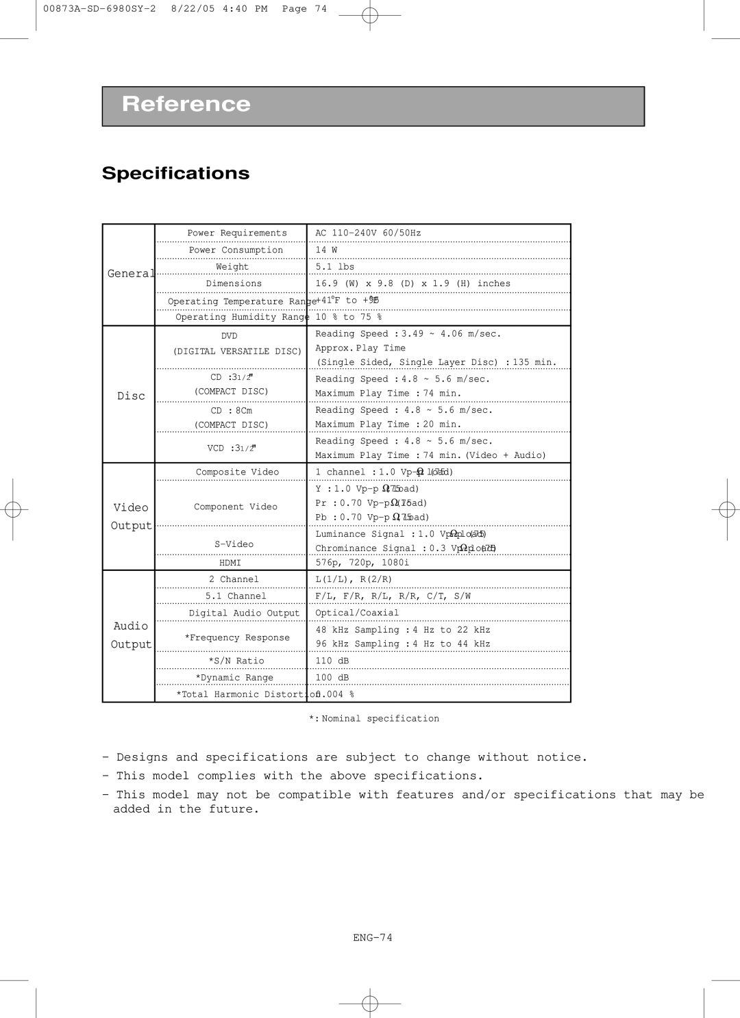 Toshiba SD-6980SY manual Specifications, Output 