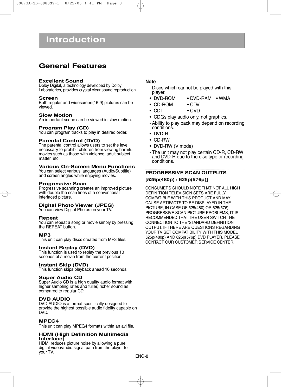 Toshiba SD-6980SY manual General Features 