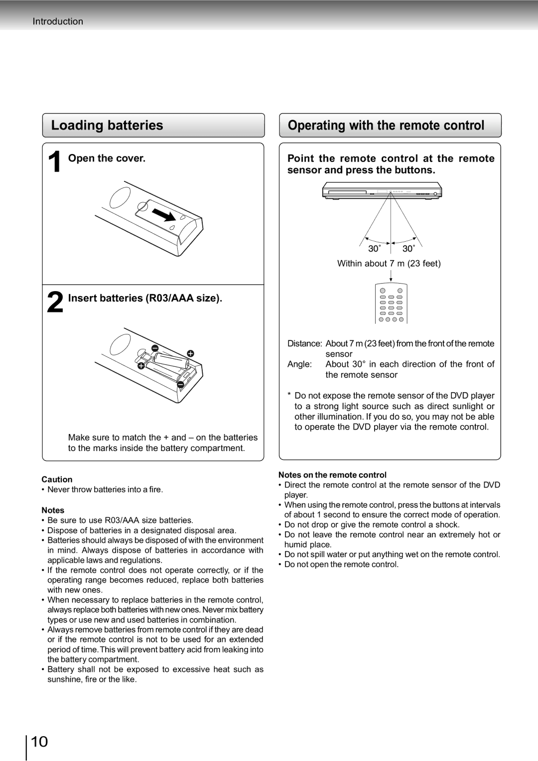 Toshiba SD-890KY manual Loading batteries, Insert batteries R03/AAA size, Within about 7 m 23 feet 