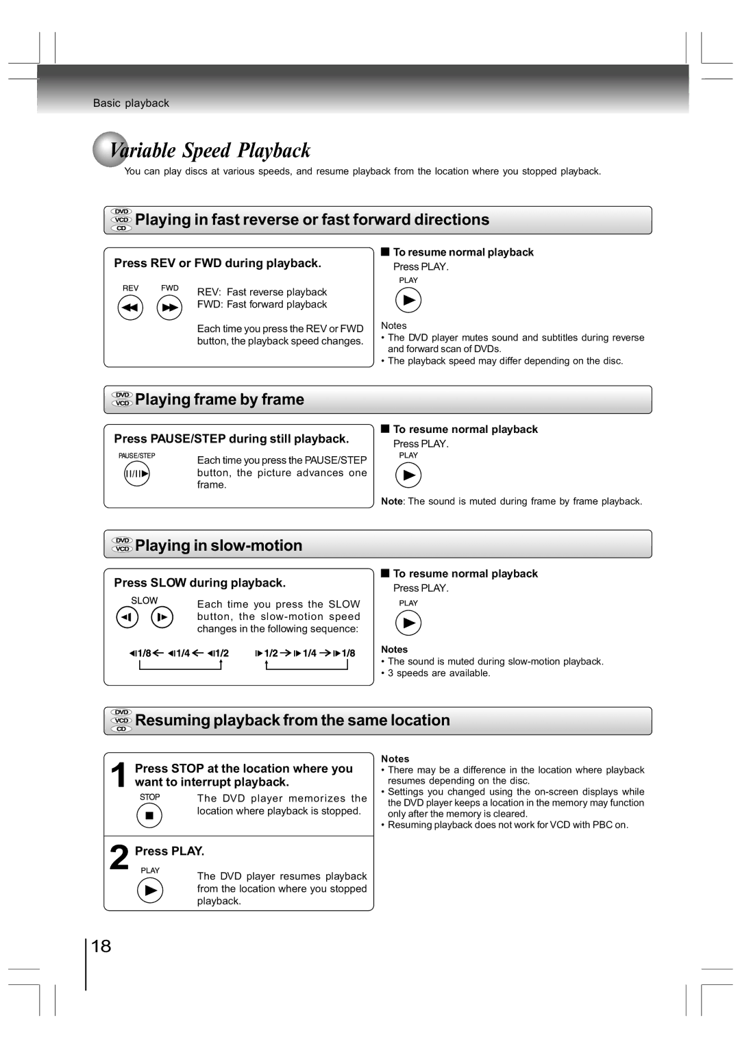 Toshiba SD-890KY manual Playing in fast reverse or fast forward directions, Playing frame by frame, Playing in slow-motion 