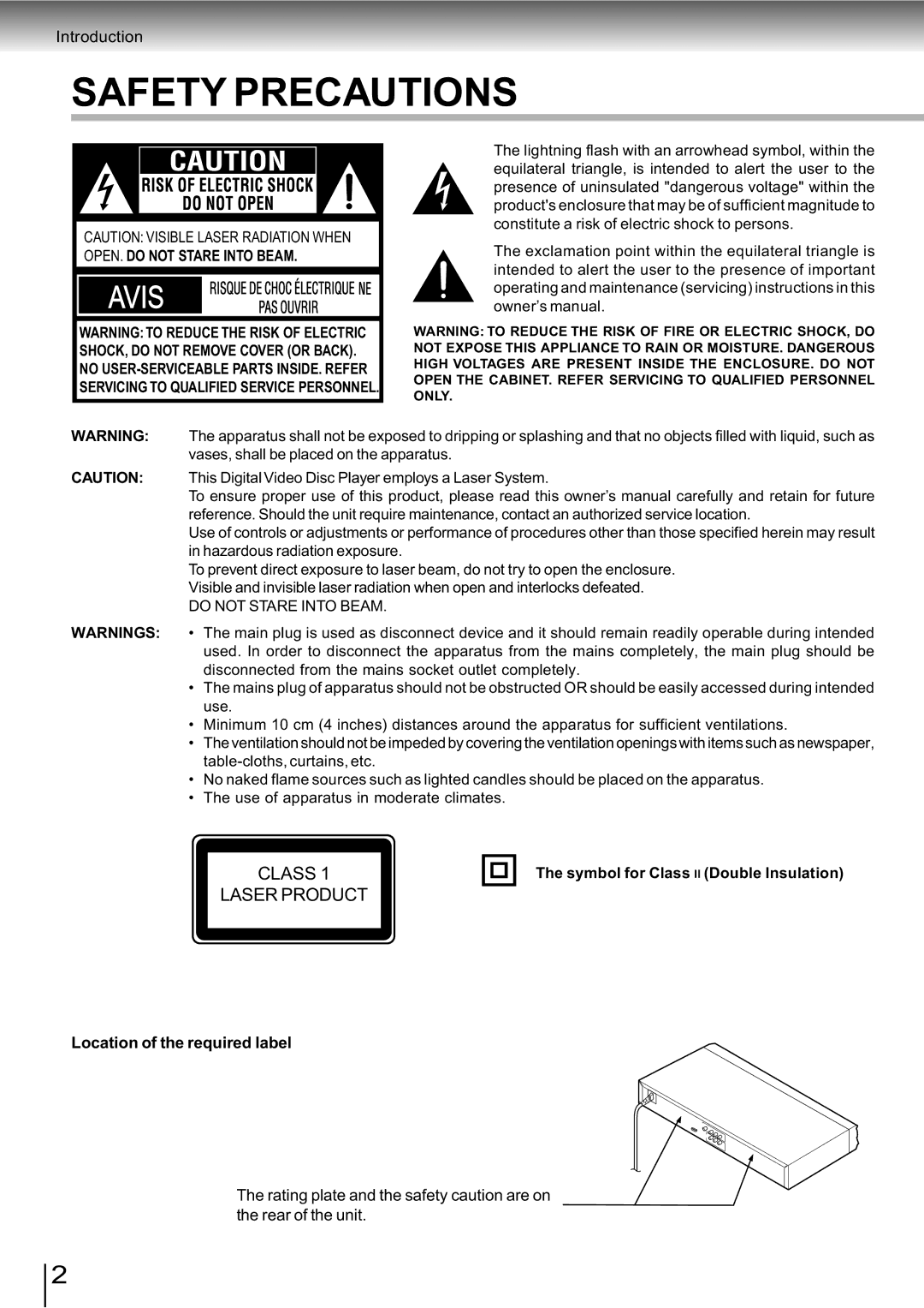 Toshiba SD-890KY manual Location of the required label, Symbol for Class Double lnsulation 