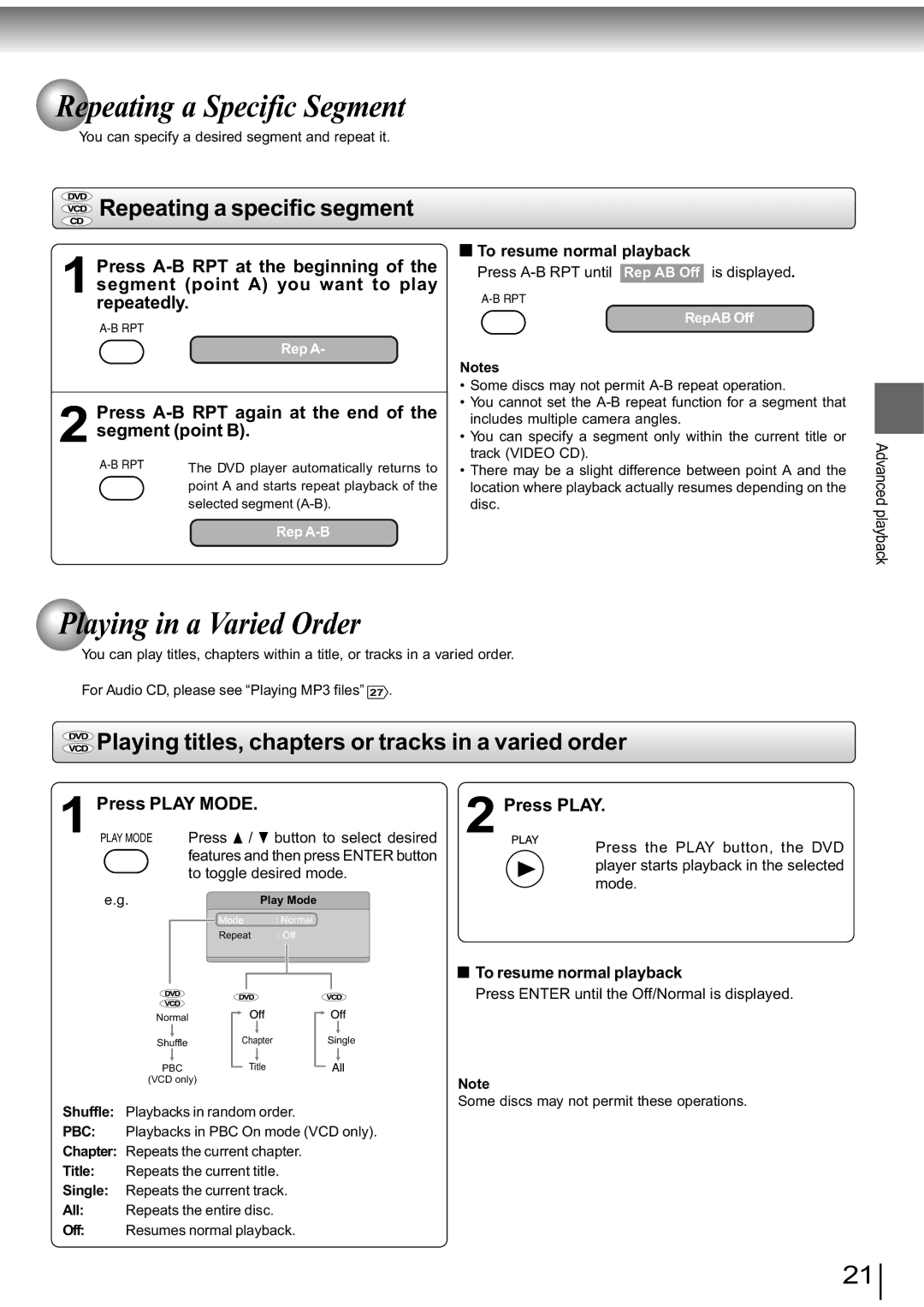 Toshiba SD-890KY manual Repeating a Specific Segment, Playing in a Varied Order, Repeating a specific segment 