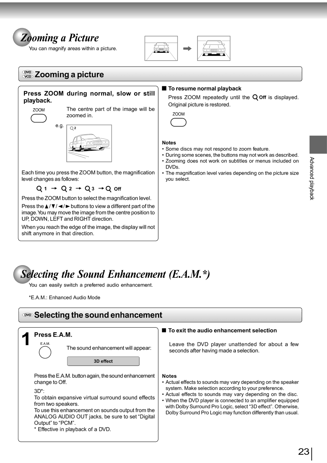 Toshiba SD-890KY manual Zooming a Picture, Selecting the Sound Enhancement E.A.M, Zooming a picture 