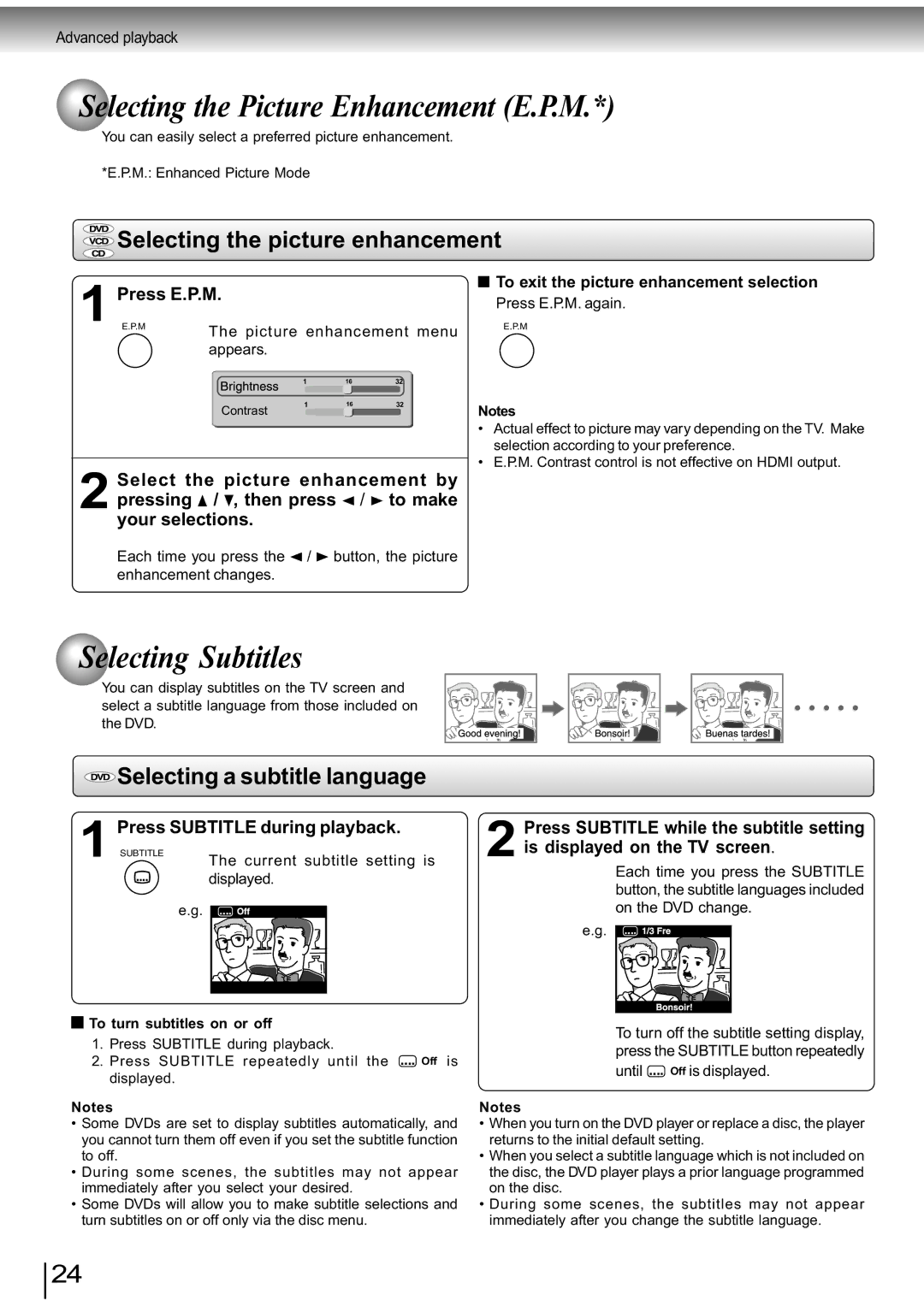 Toshiba SD-890KY manual Selecting the Picture Enhancement E.P.M, Selecting Subtitles, Selecting the picture enhancement 