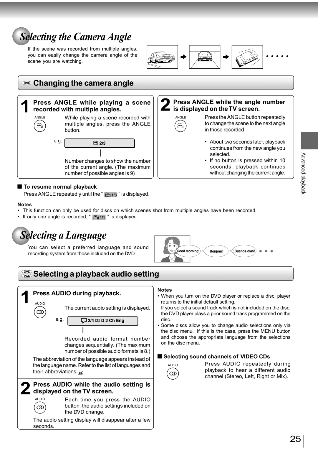 Toshiba SD-890KY manual Selecting the Camera Angle, Selecting a Language, Changing the camera angle 