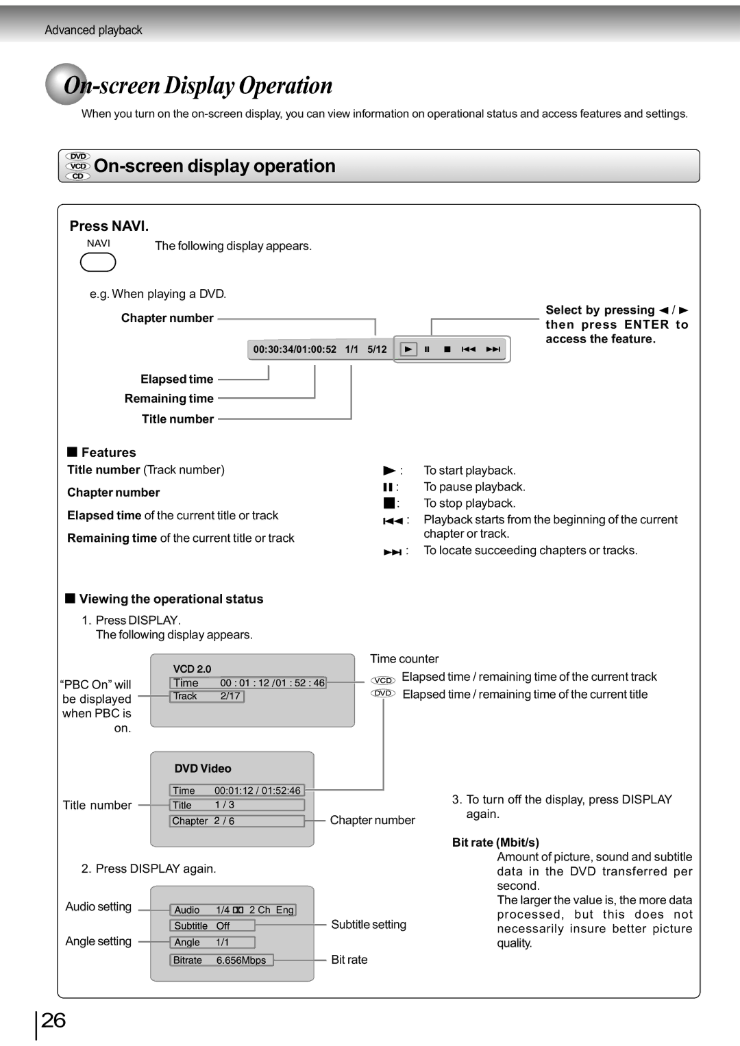 Toshiba SD-890KY manual On-screen Display Operation, On-screen display operation, Press Navi, Features 