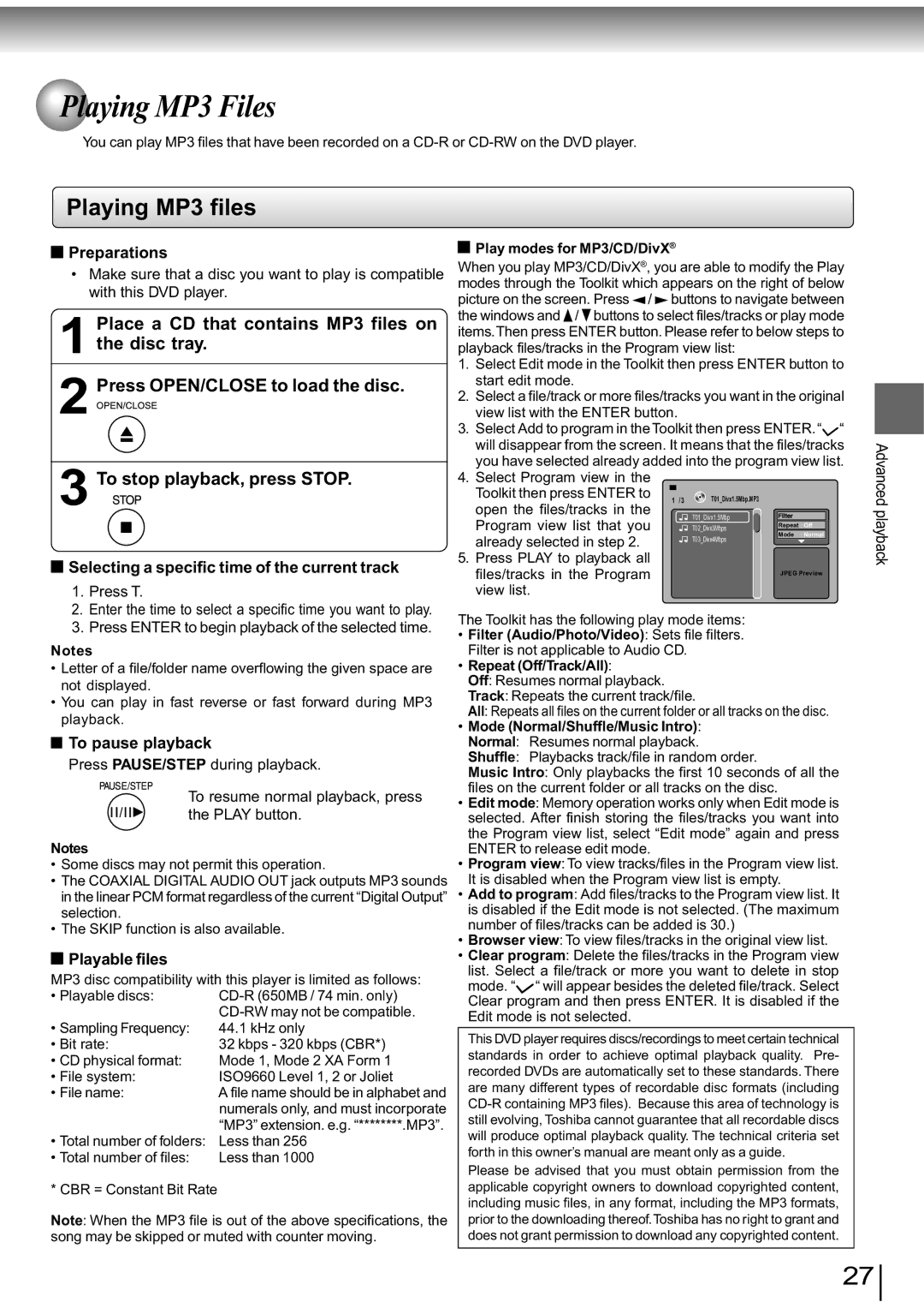 Toshiba SD-890KY manual Playing MP3 Files, Playing MP3 files 