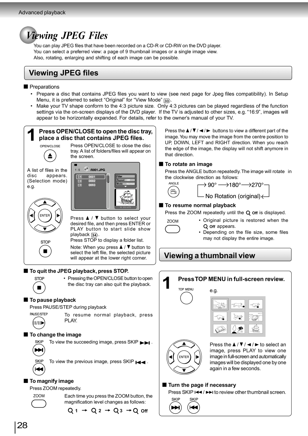 Toshiba SD-890KY Viewing Jpeg Files, Viewing Jpeg files, Viewing a thumbnail view, PressTOP Menu in full-screen review 