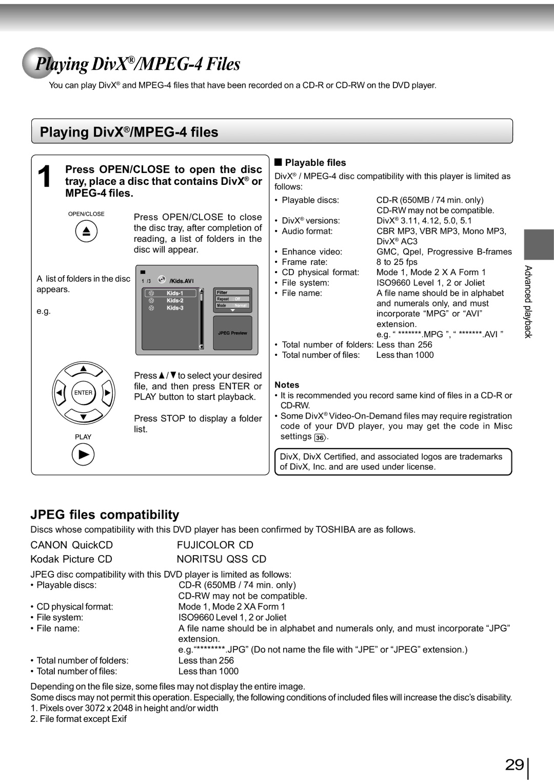 Toshiba SD-890KY manual Playing DivX/MPEG-4 Files, Playing DivX/MPEG-4 files, Press Stop to display a folder list 