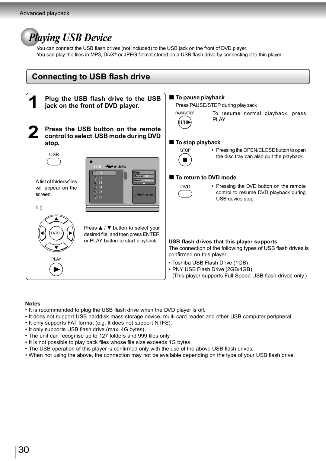 Toshiba SD-890KY Playing USB Device, Connecting to USB flash drive, Plug the USB flash drive to the USB, To stop playback 