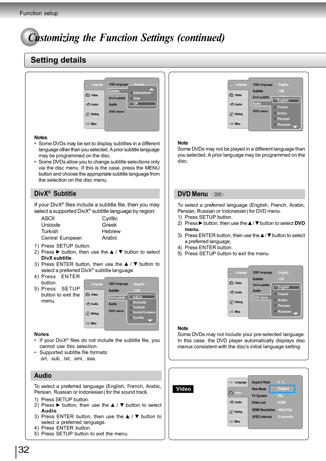 Toshiba SD-890KY manual Setting details, DivX Subtitle, DVD Menu DVD, Audio 