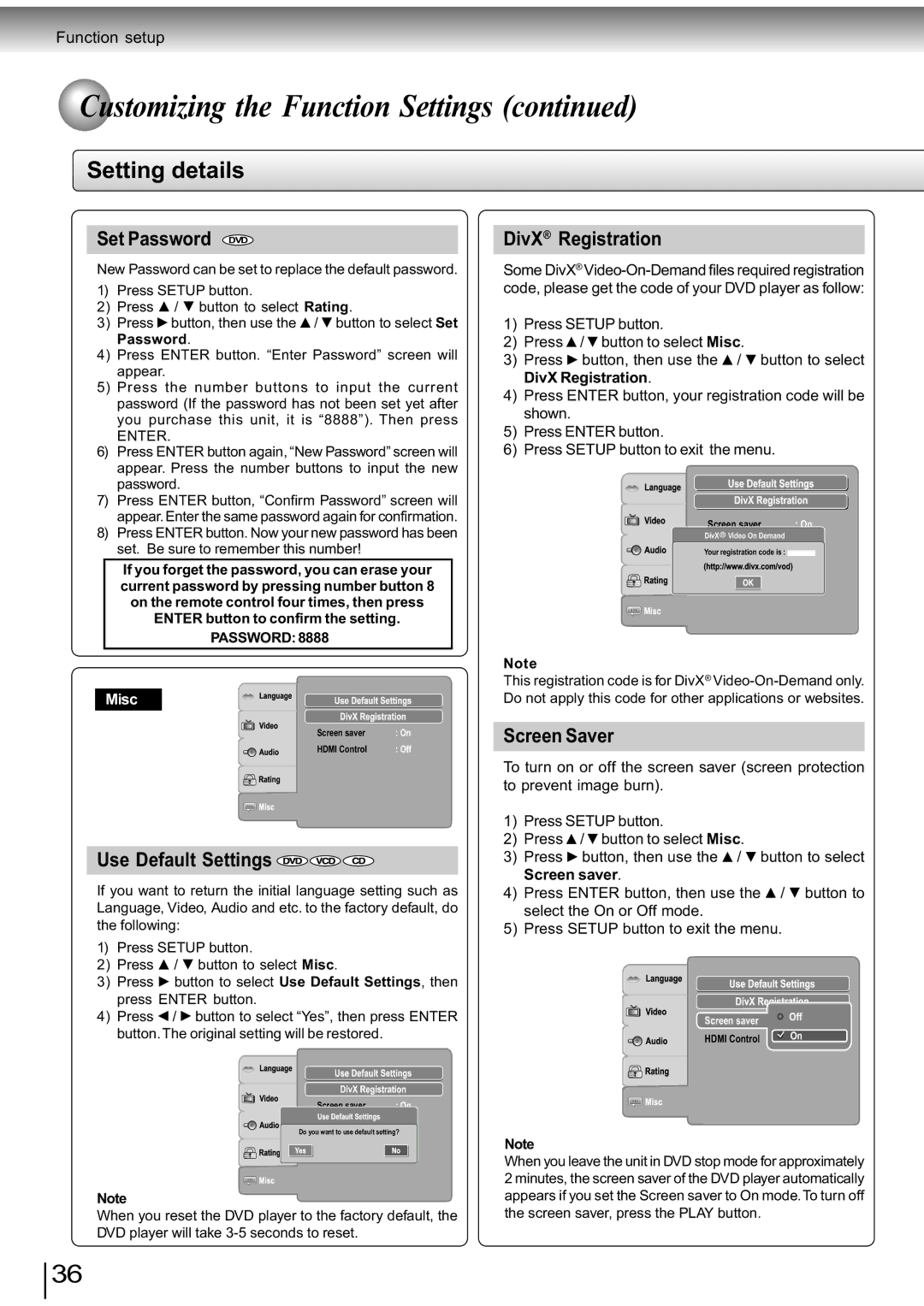 Toshiba SD-890KY manual Set Password DVD, DivX Registration, Screen Saver Use Default Settings, Screen saver 