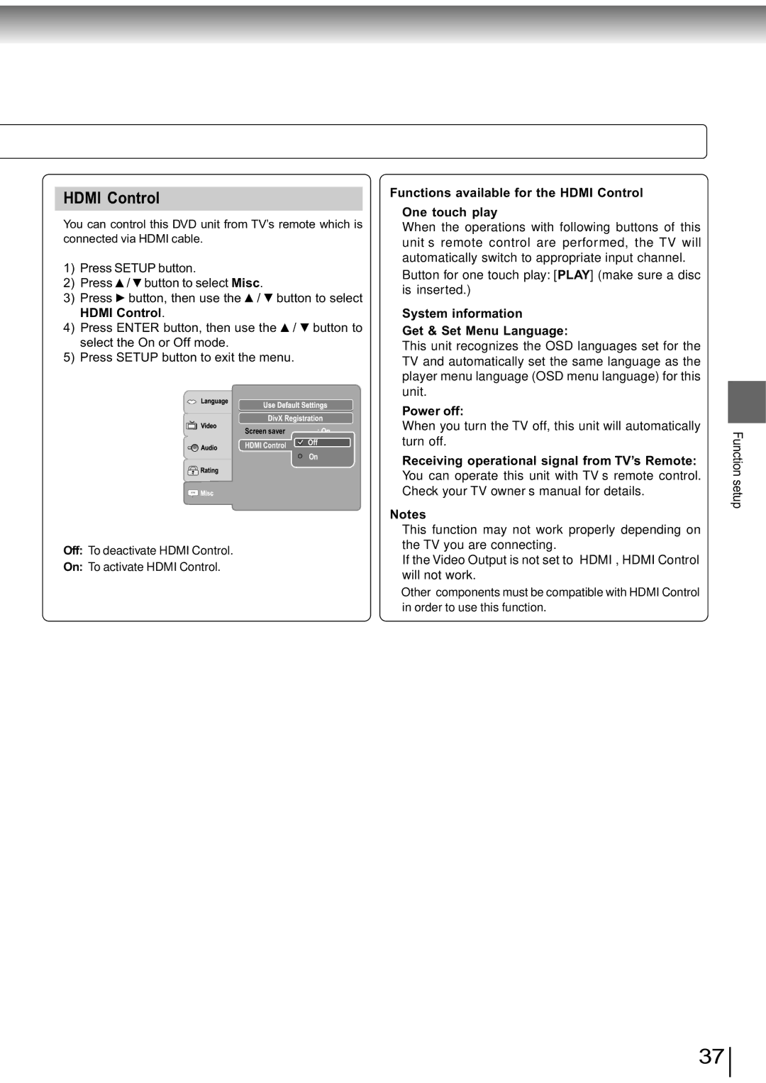 Toshiba SD-890KY Functions available for the Hdmi Control One touch play, System information Get & Set Menu Language 