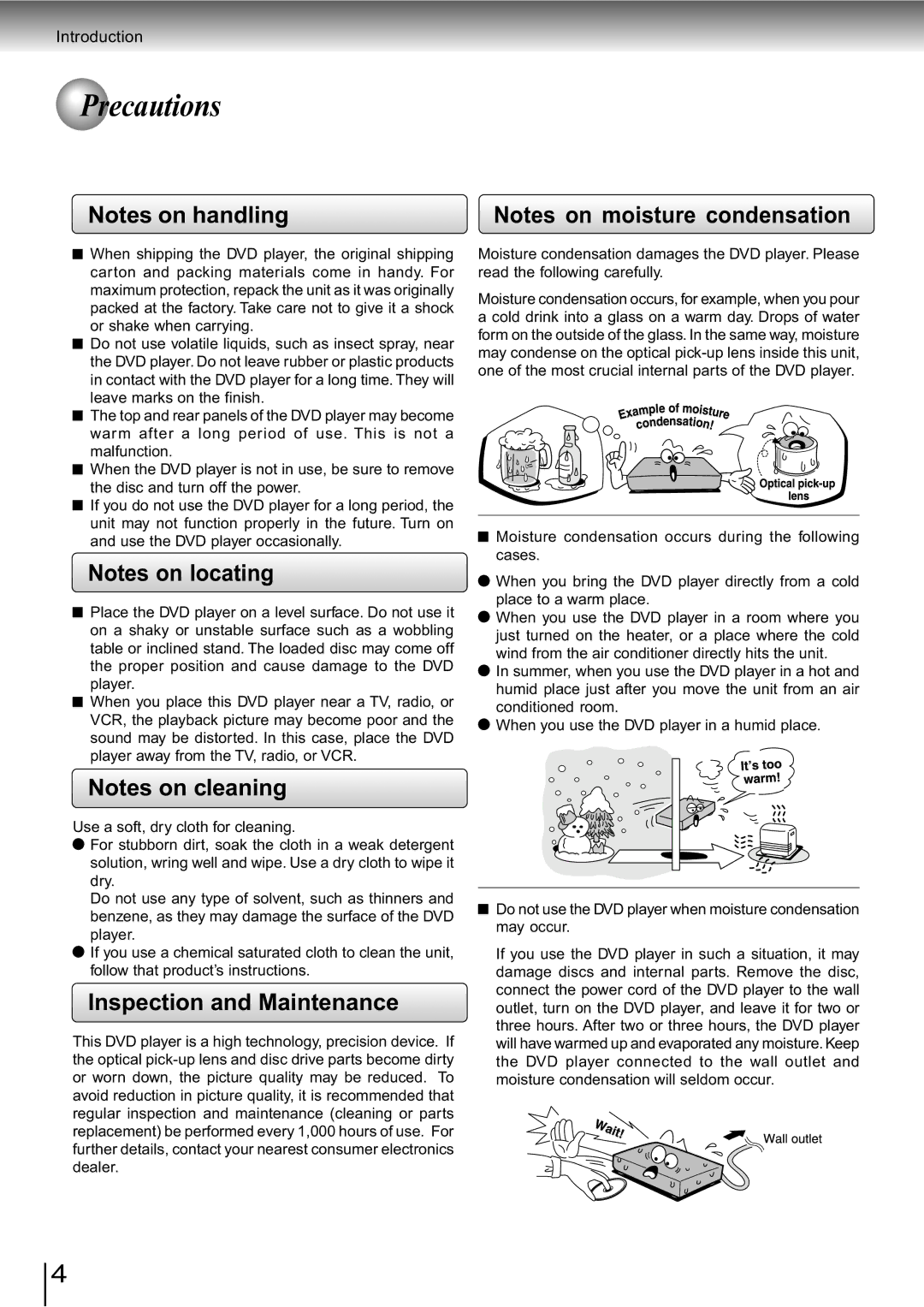 Toshiba SD-890KY manual Precautions, Inspection and Maintenance 