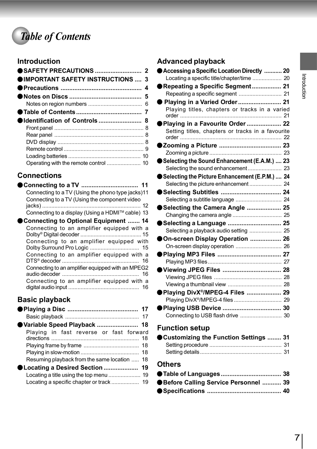 Toshiba SD-890KY manual Table of Contents 