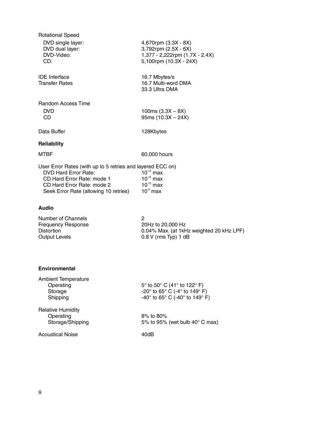 Toshiba SD-C2502 user manual Reliability, Audio, Environmental 