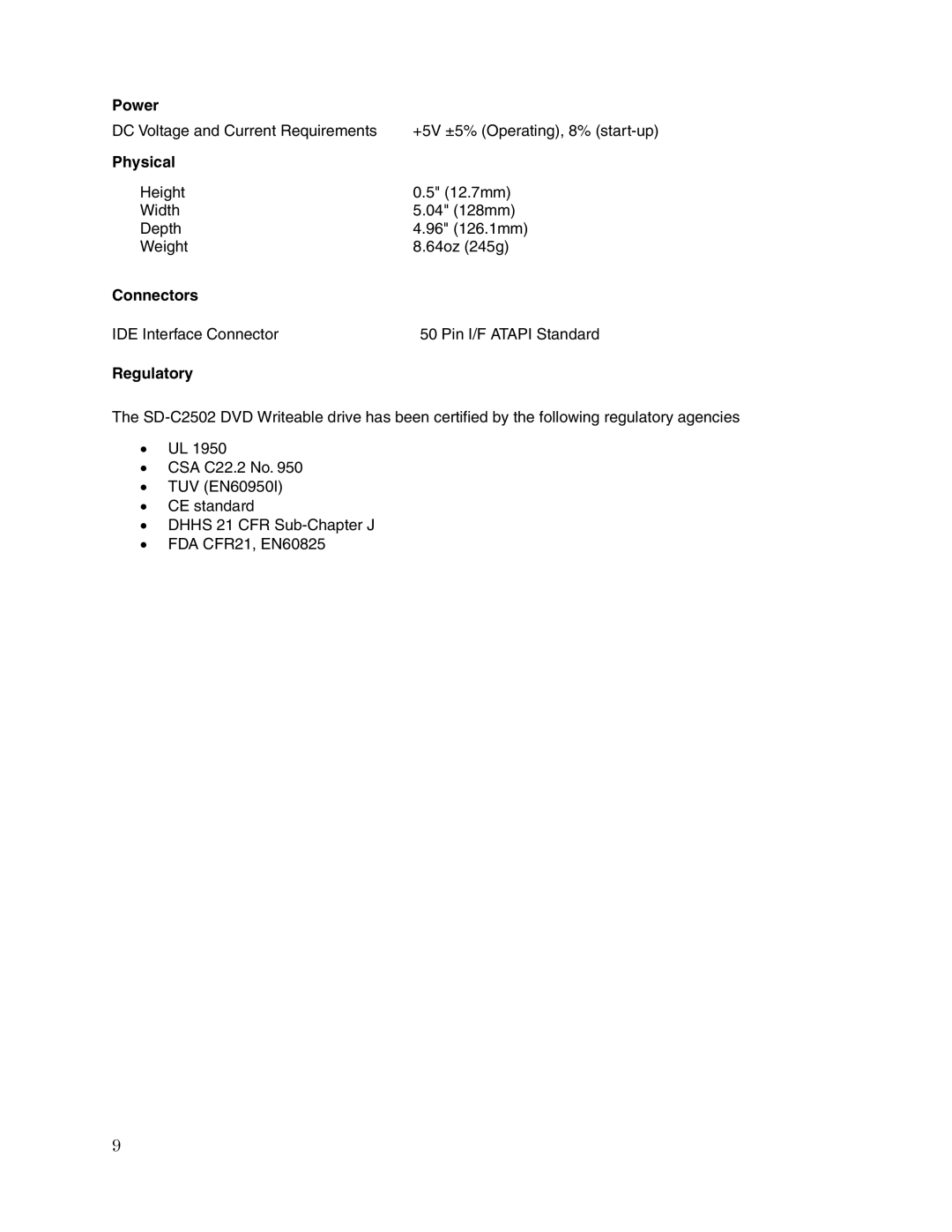 Toshiba SD-C2502 user manual Power, Physical 