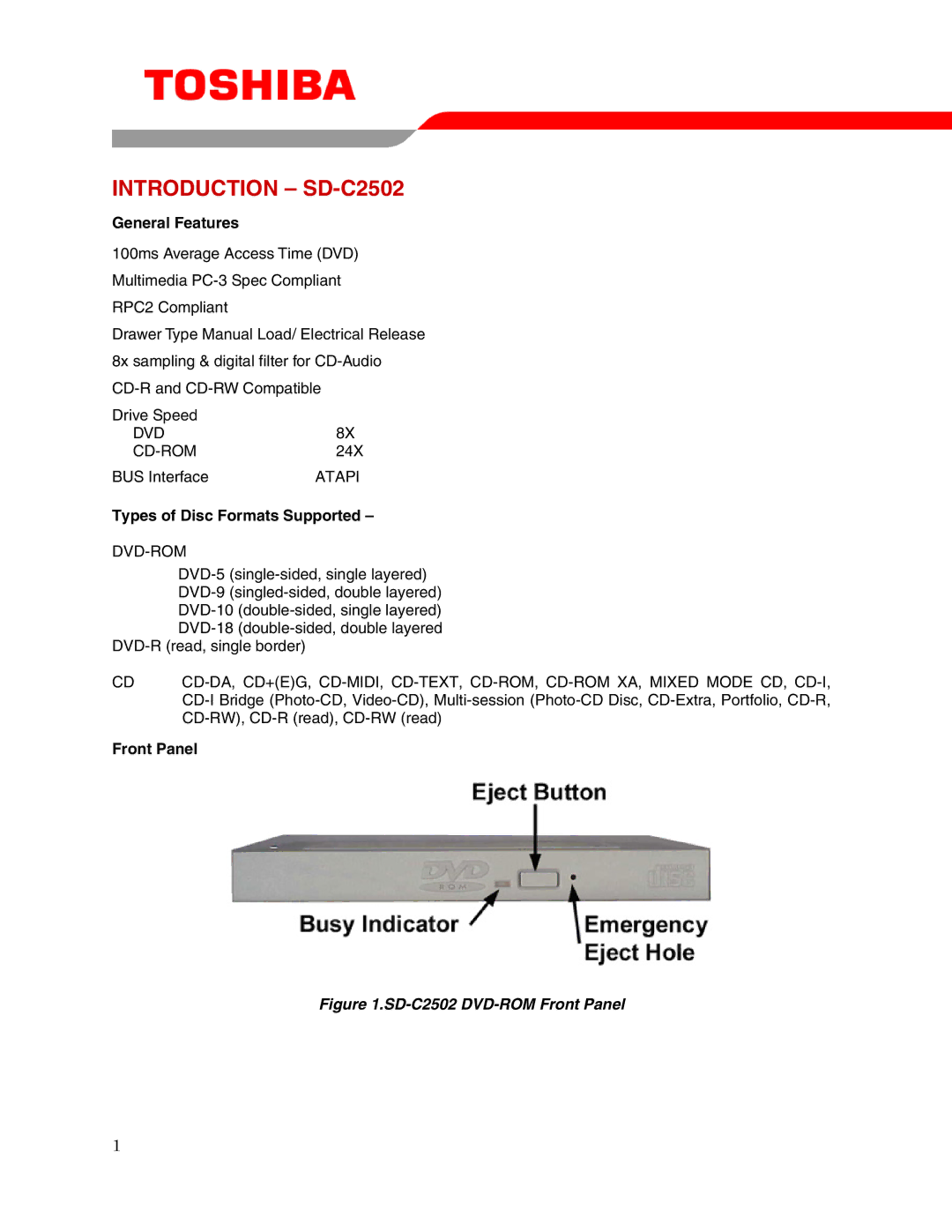 Toshiba user manual Introduction SD-C2502, General Features, Types of Disc Formats Supported, Front Panel 