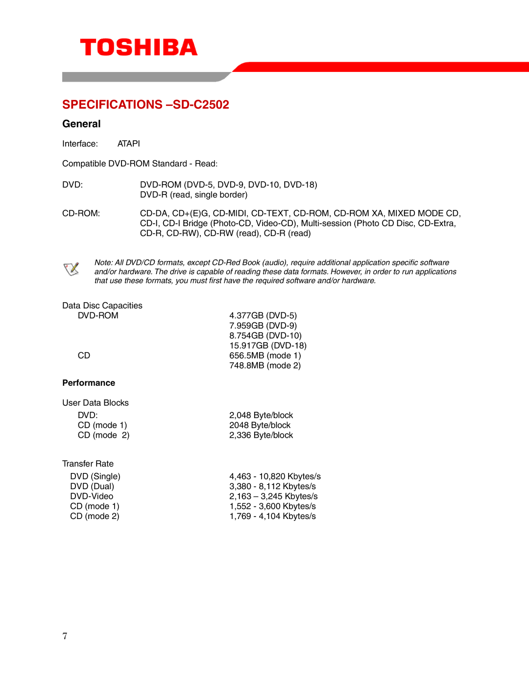 Toshiba user manual Specifications -SD-C2502, Performance 