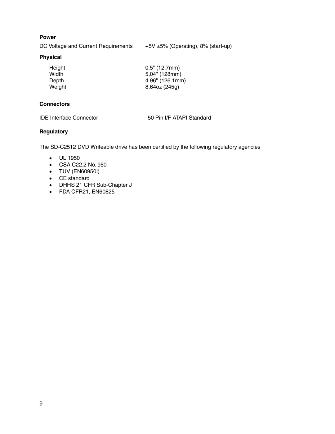 Toshiba SD-C2512 user manual Power, Physical 