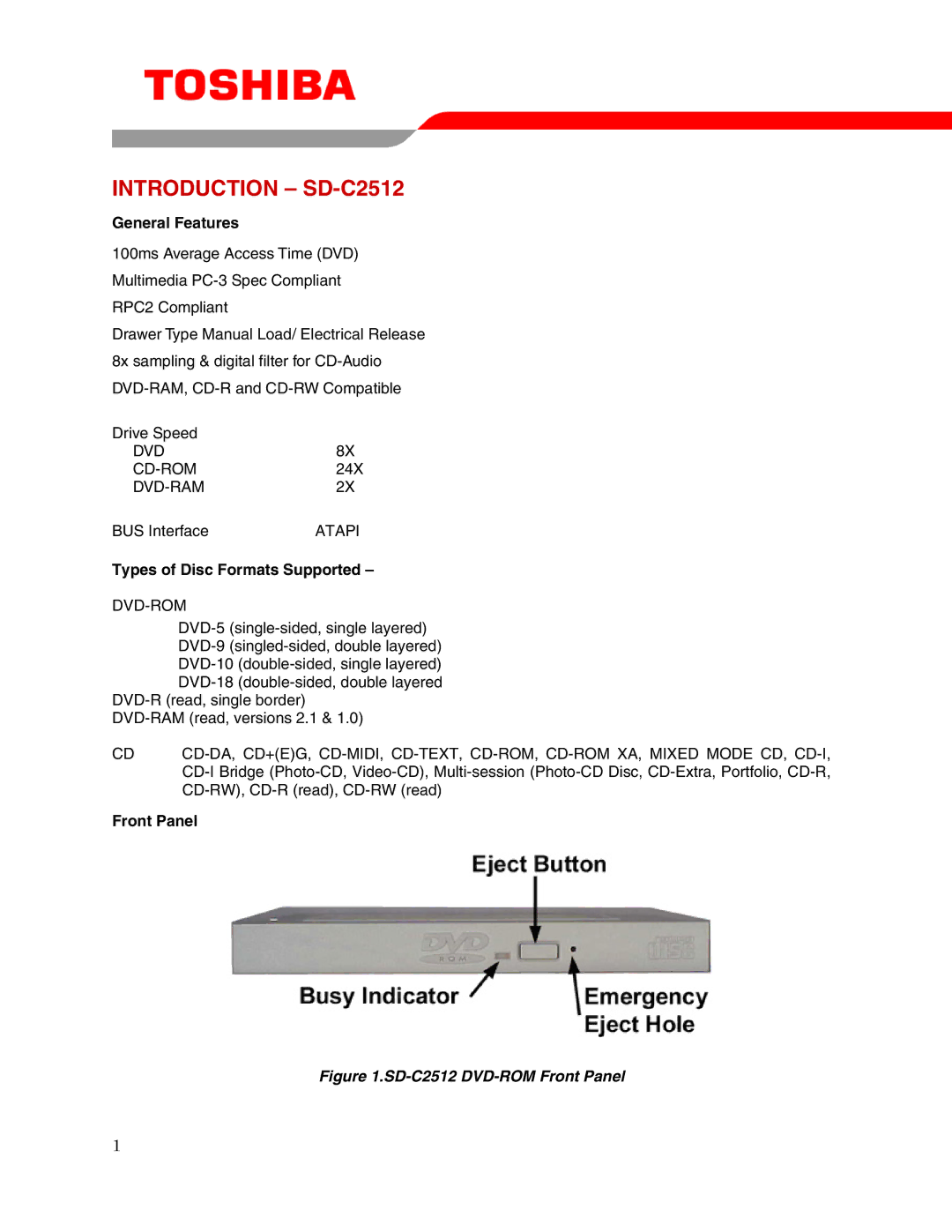 Toshiba user manual Introduction SD-C2512, General Features, Types of Disc Formats Supported, Front Panel 