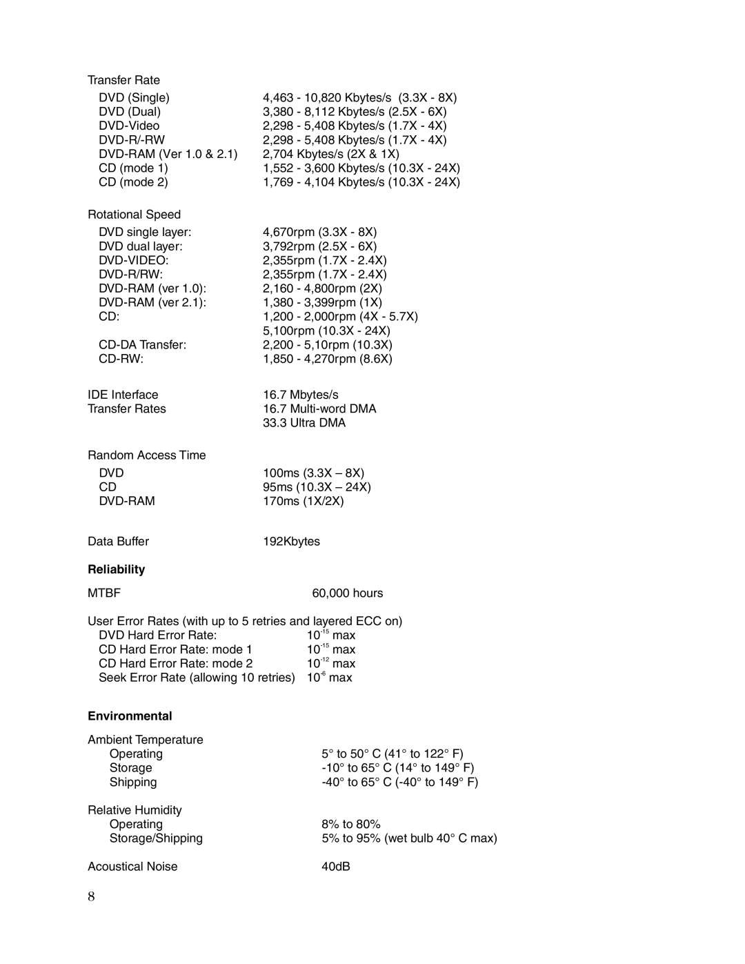 Toshiba SD-C2612 user manual Reliability, Environmental 