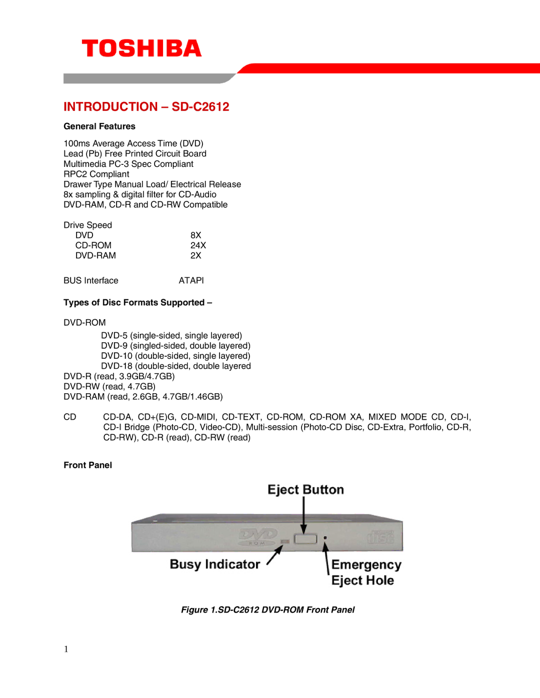 Toshiba user manual Introduction SD-C2612, General Features, Types of Disc Formats Supported, Front Panel 