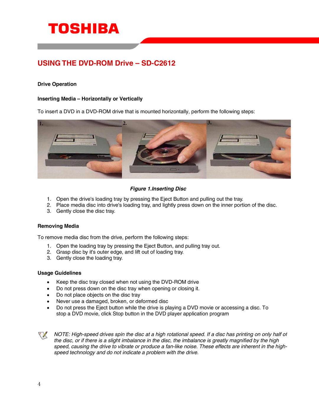 Toshiba Using the DVD-ROM Drive SD-C2612, Drive Operation Inserting Media Horizontally or Vertically, Removing Media 