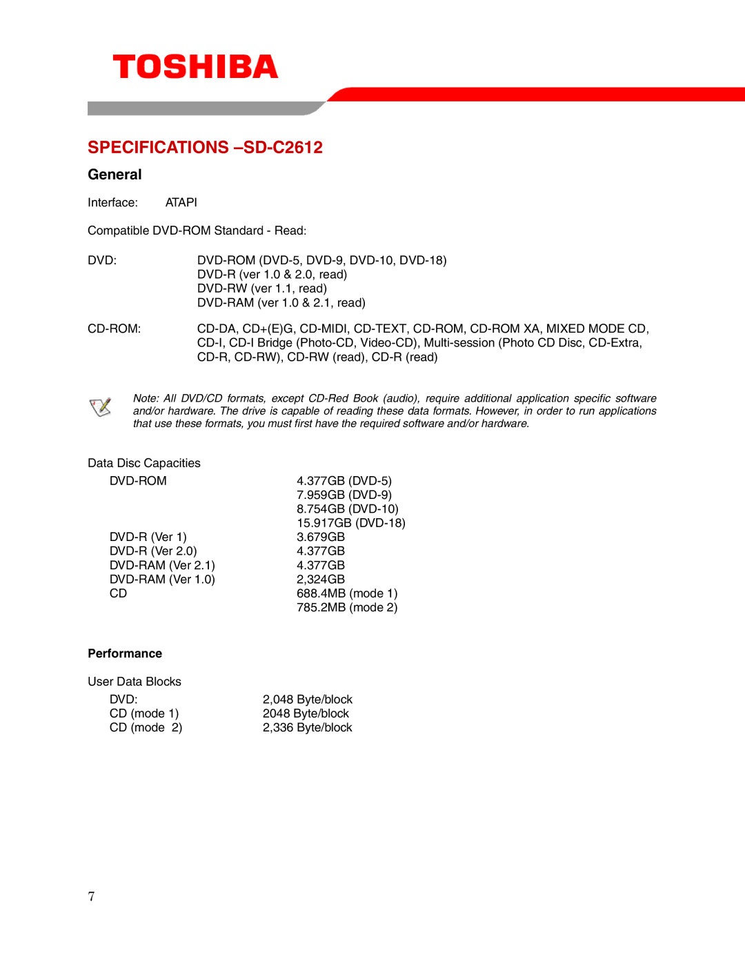 Toshiba user manual Specifications -SD-C2612, Dvd, Performance 