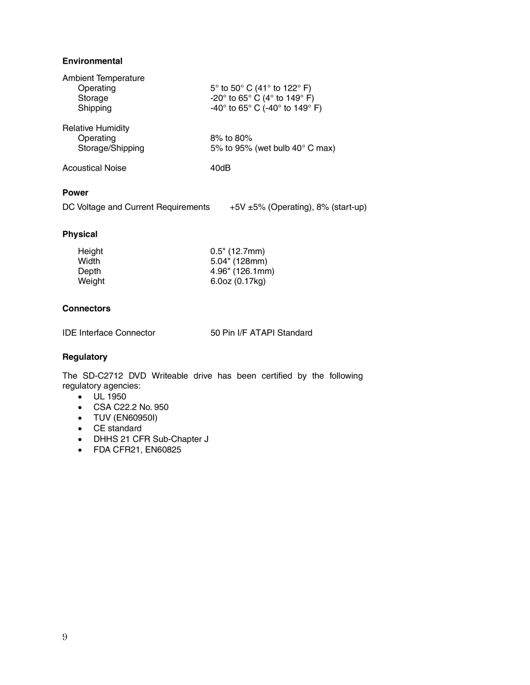 Toshiba SD-C2712 user manual Environmental, Power, Physical, Connectors, Regulatory 