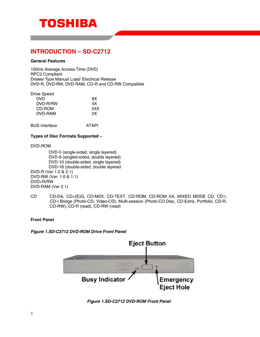 Toshiba user manual Introduction SD-C2712, General Features, Types of Disc Formats Supported, Front Panel 