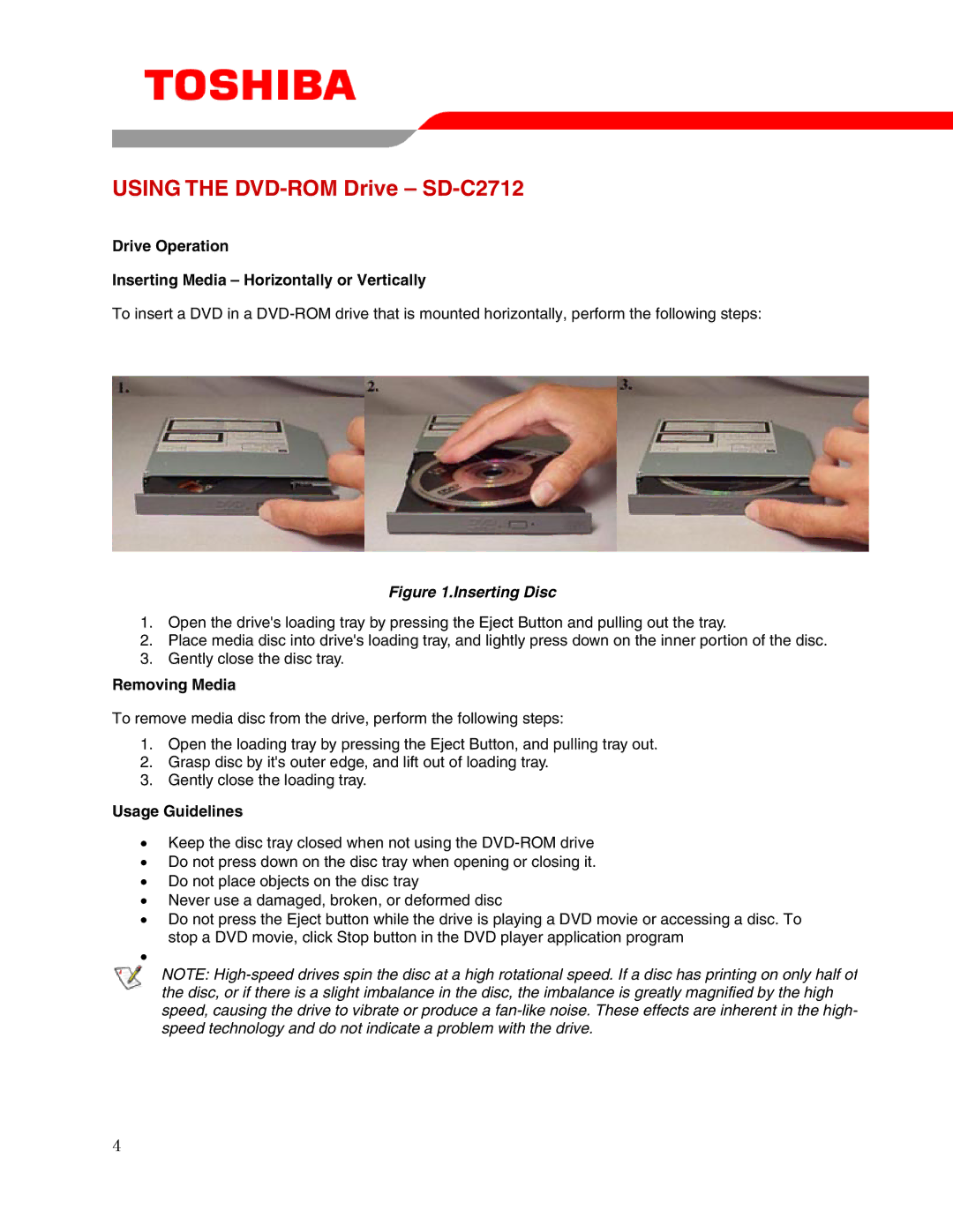 Toshiba Using the DVD-ROM Drive SD-C2712, Drive Operation Inserting Media Horizontally or Vertically, Removing Media 